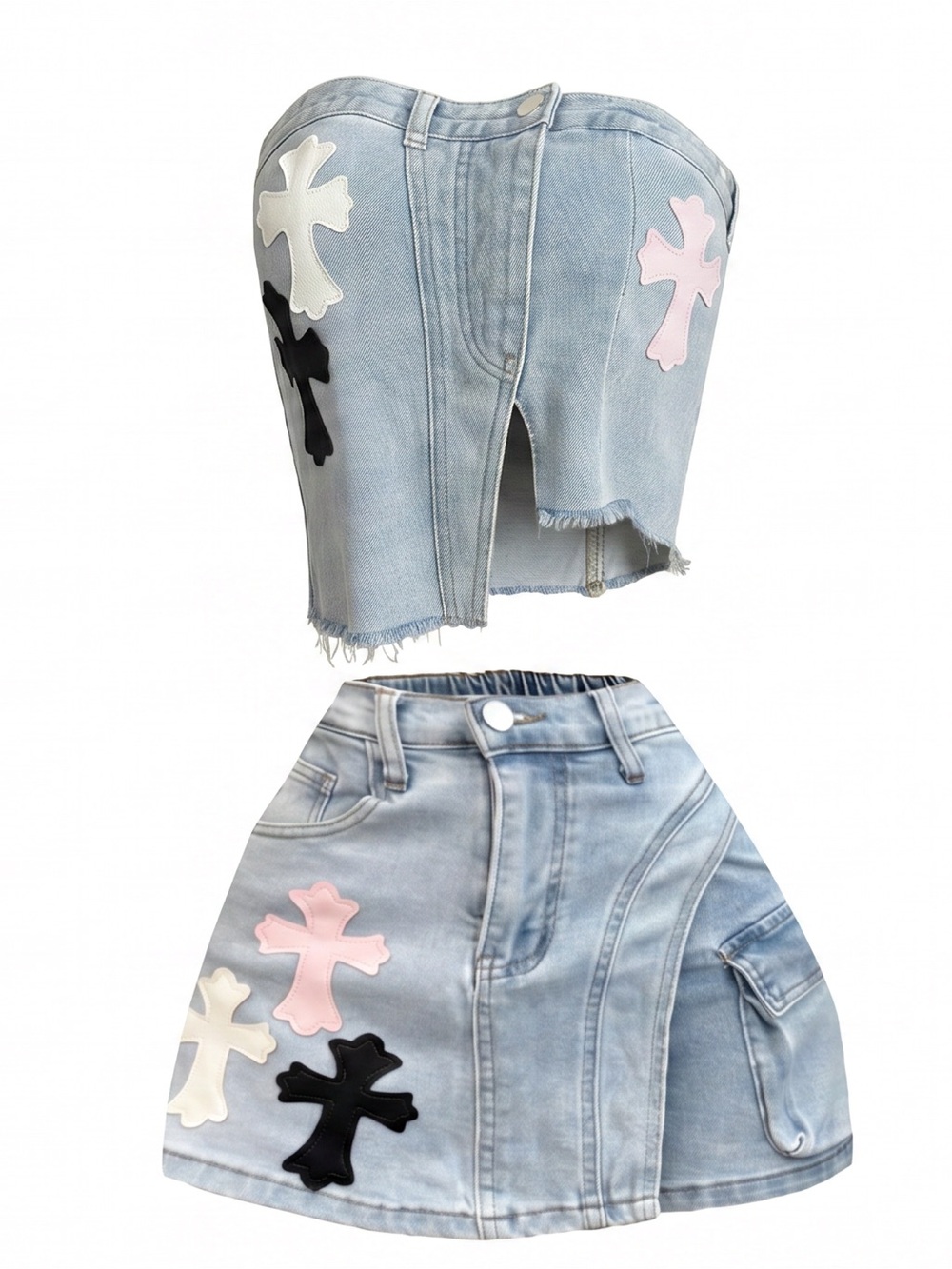 Denim Mini Skirt in Light Blue with Cross Appliqués